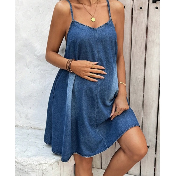 Dark Wash Knee length Cami Denim Jean Mini Dress - Picture 1 of 4